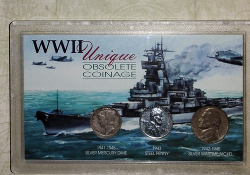 WWII US Coin Lot Set Silver & Steel 1942 Mercury Dime 1943 Penny 1945 War Nickel