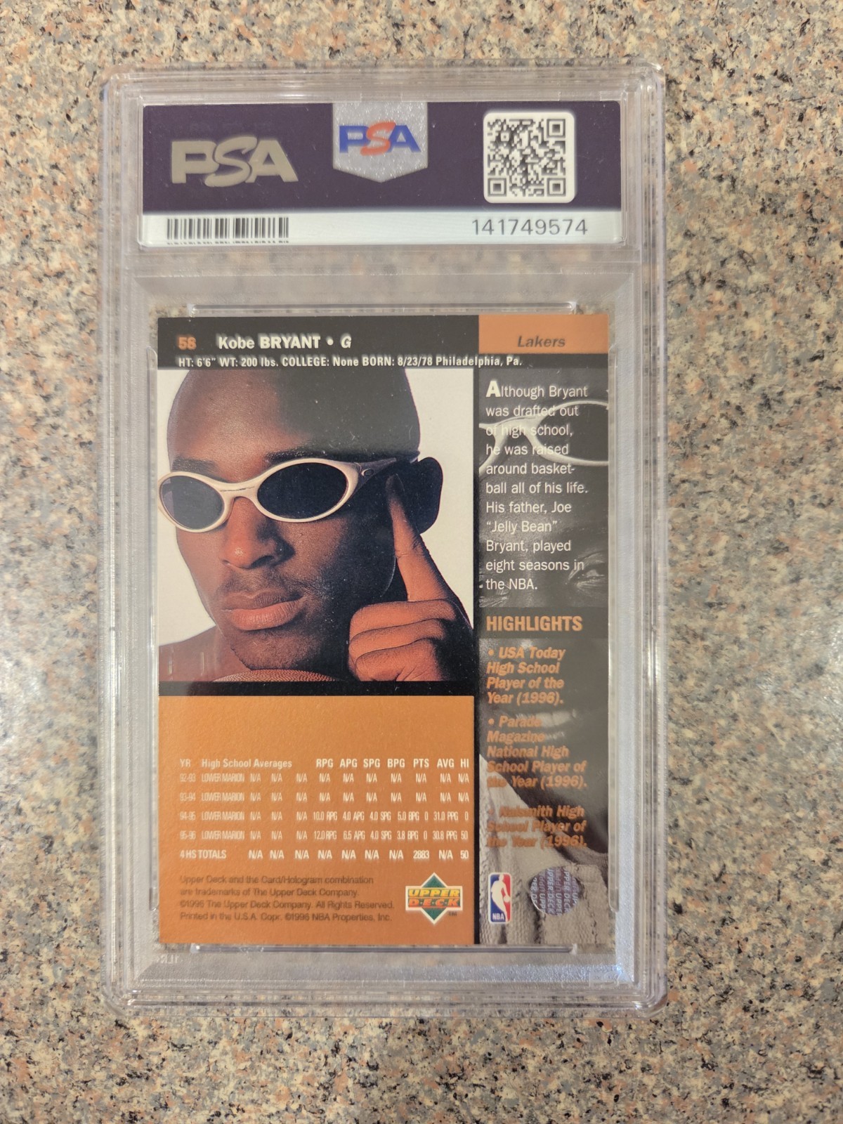1996 Upper Deck Kobe Bryant RC PSA GEM MINT 10 view 2