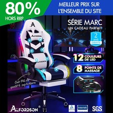 ALFORDSON Chaise Gaming Chaise de Bureau LED et Massant 8 Points Blanc et Noir