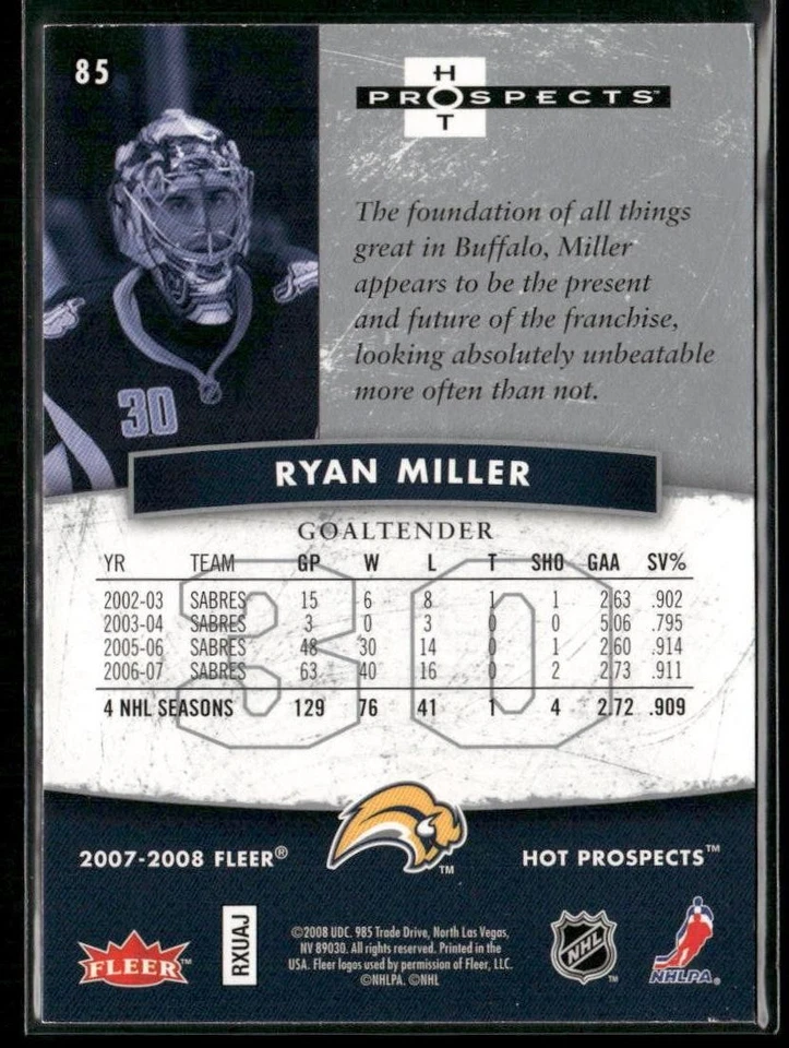 2007-08 Fleer Hot Prospects Ryan Miller #85 Buffalo Sabres - Image 2 of 2