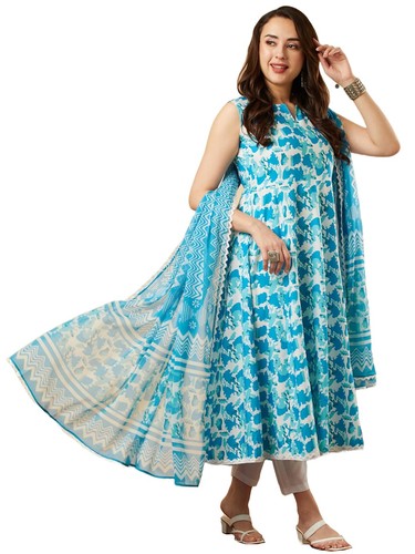 ANNI DESIGNER Women's Cotton Blend Anarkali Printed Kurta with Pant & Dupatta - Foto 1 di 5
