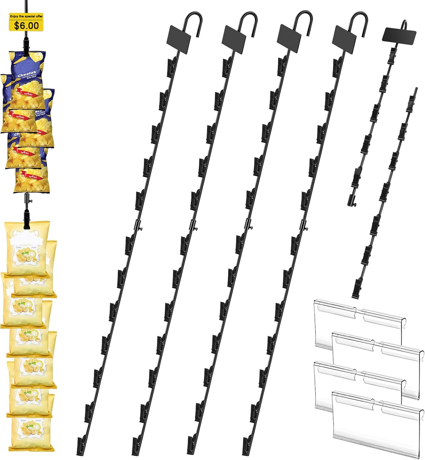 4 Pack Hanging Merchandise Strips with Clips Chip Display Rack Potato Bag Holder
