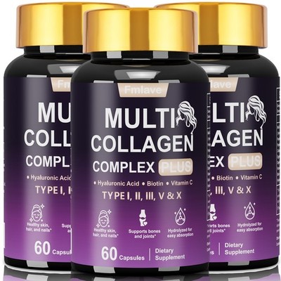 3x Collagen Peptides Type I II III V X, Biotin Keratin Hyaluronic Acid Vitamin C