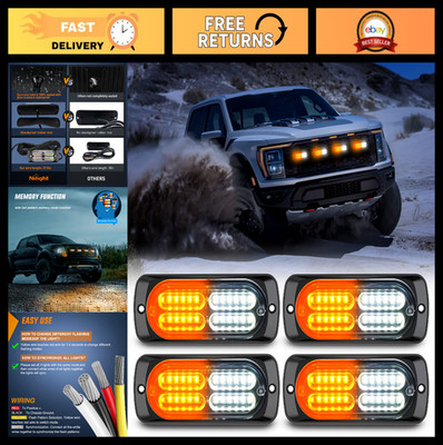 4PCS 24LED Emergency Strobe Lights 12V 24V Amber White Hazard Warning Lights, Sy