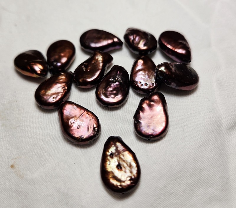 Brown Iridescent Teardrop Freshwater Pearl Beads, Drilled 10-10.9mm