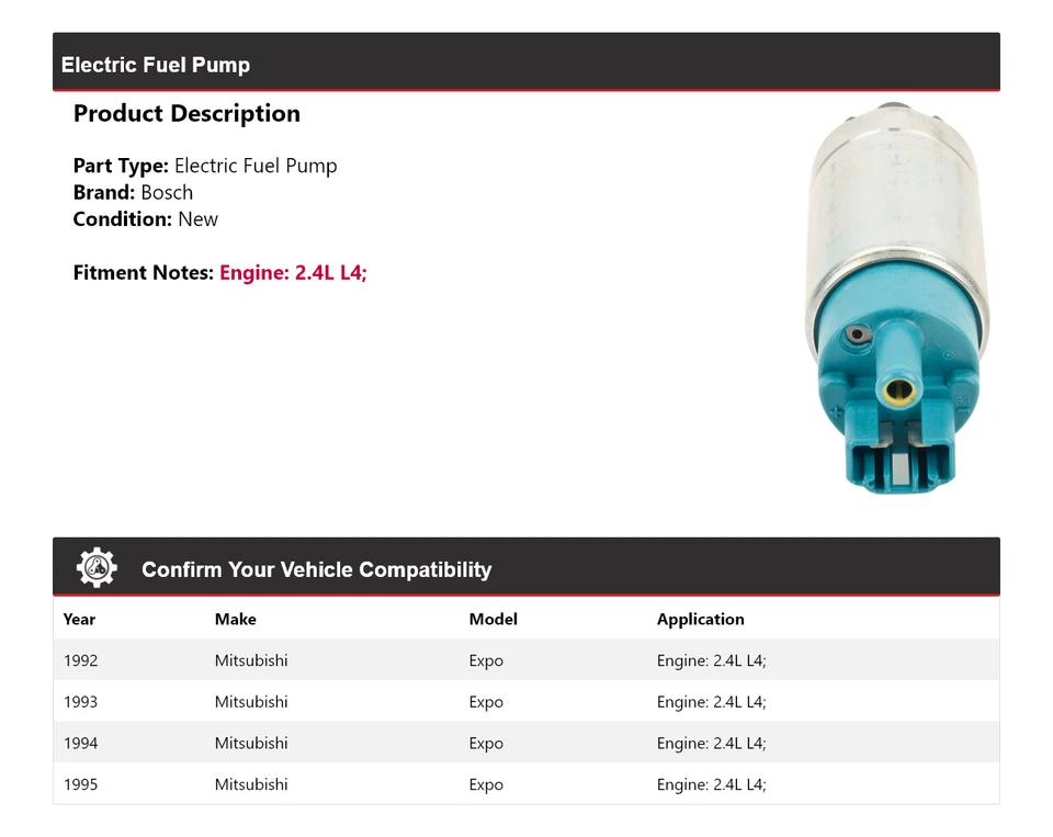 For 1992-1995 Mitsubishi Expo 2.4L L4 Bosch Electric Fuel Pump 1993 1994 Foto 2 de 4