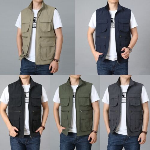 Men Utility Waistcoat Gilet Sleeveless Jacket Vest Tops Zip Pocket Casual Plain - Picture 2 of 17