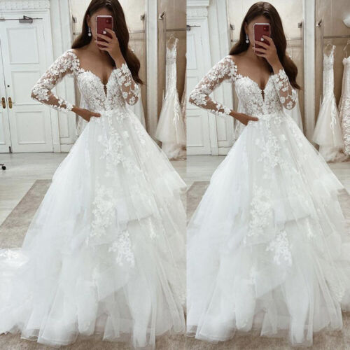 Modern Lace Wedding Dresses V Neck Long Sleeve Appliques A Line Bridal Gowns New - Picture 1 of 7