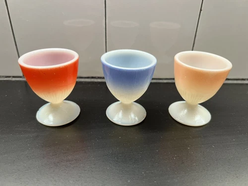 Vintage Set of 3 MacBeth Evans Milk Glass Egg Cups Fired On Red Blue Pink
