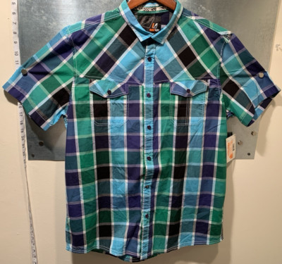 Western Cowboy Short Sleeve XL Amplify Button Up Blue/Green/Black Plaid New Tags
