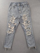 American Eagle Jeans Womens Size 4 Blue Mom Destressed Light Wash Faded Whiskers