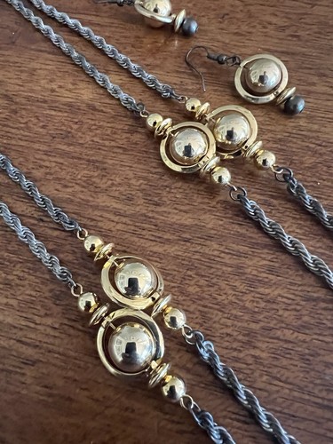 Necklace & Earring Set , Two-Tone - Silver & Gold Braided Serpentine Satellite - Picture 2 of 6