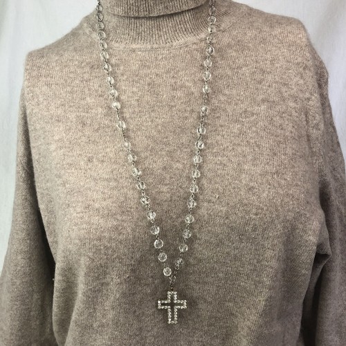 ART DECO Halskette Glasperlen mit Kreuzanhänger mit Strasssteinen Länge: 84 cm