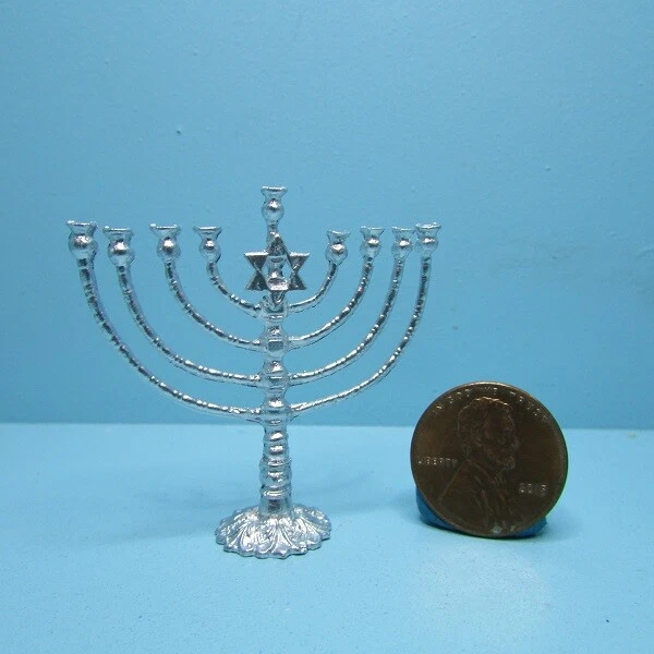 ISLAND CRAFTS Dollhouse Miniature Large Hanukkah Silver Menorah ISL2501