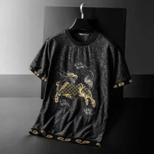 New Fashion Dragon Trend Embroidery Summer Short Sleeve Luxury Men Black T-Shirt