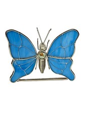 Stained Glass Blue Butterfly Sun-catcher, Table Window Decor On Glass Stand