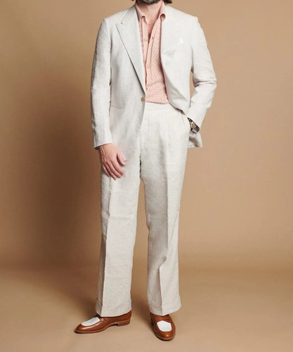 Fashion Beige Summer Linen Men Suits Casual Fit Blazers Peak Lapel 2 Piece Sets - 第 1/14 張圖片