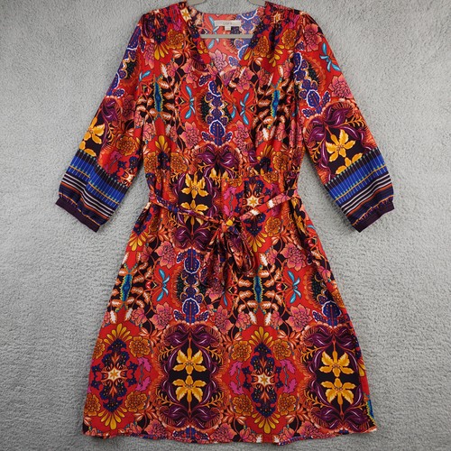 Ann Taylor LOFT Dress Womens L Red Floral Sash Belt Tie Midi Balloon 3/4 Sleeve