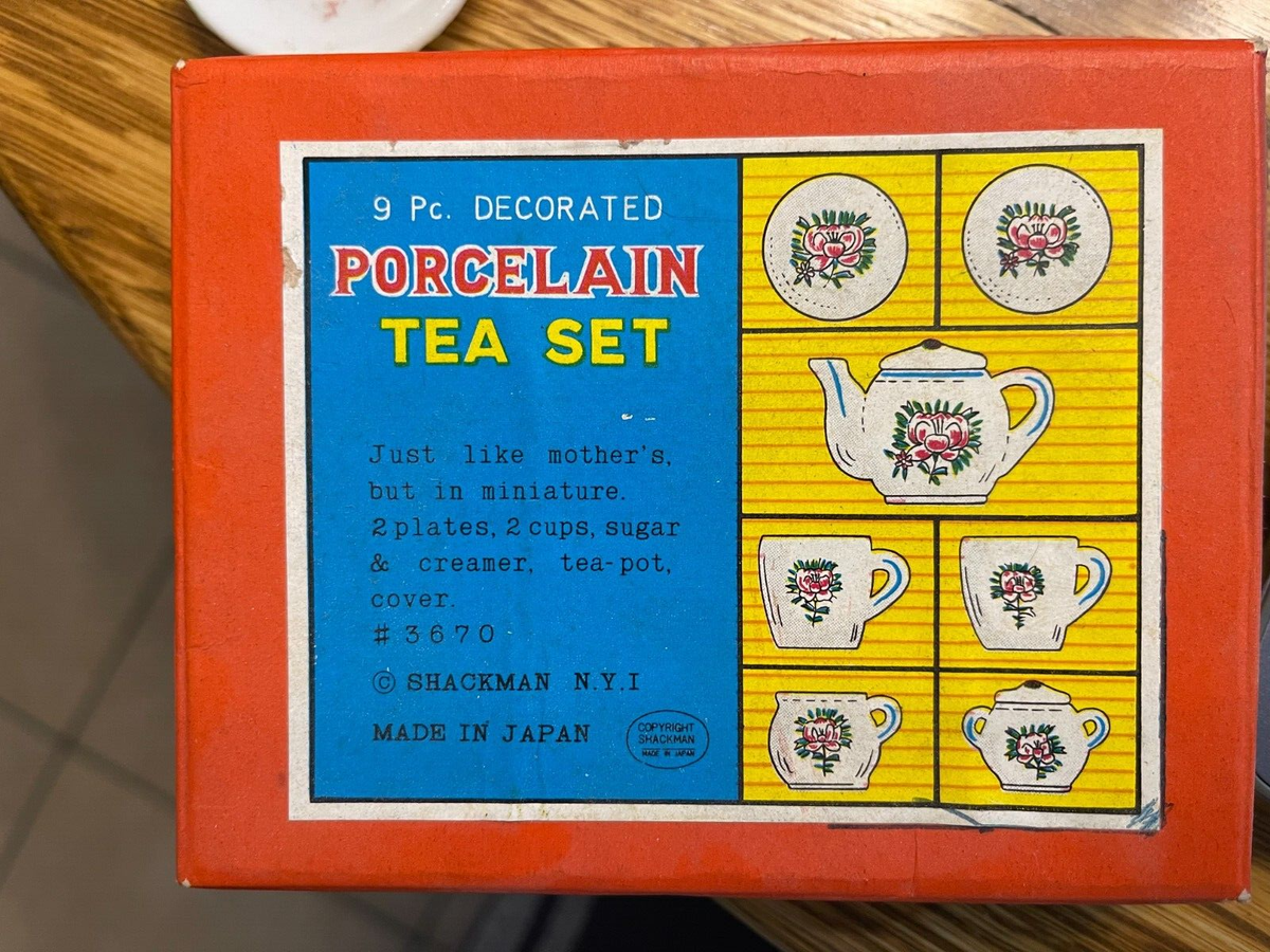 Vintage 60s Miniature Child Toy DECORATED Porcelain Tea Set In