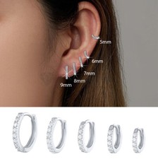 Men Women Small Round Crystal CZ Ear Huggie Hoop Earrings 925 Sterling Silver 2x