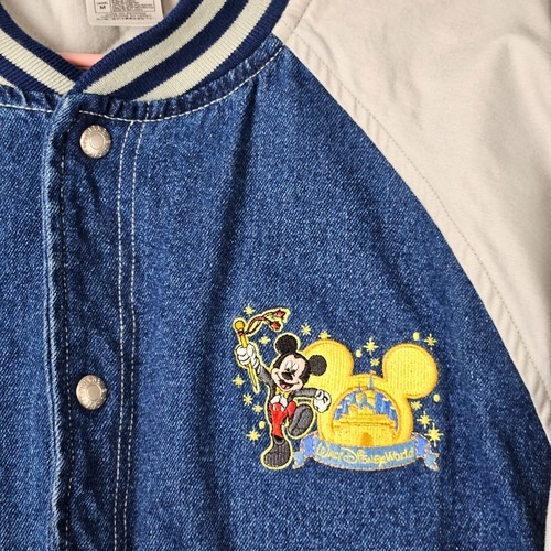 Vintage Disney Adult Quilt Lined Varsity Jacket Size M Denim Mickey Bomber Rare - Picture 2 of 11