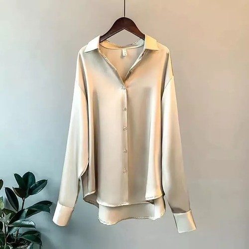 Damen lässig Satin Seide solide Hemd Baggy Knopfleiste OL Arbeit Bluse Damen Tops! - Bild 12 von 17