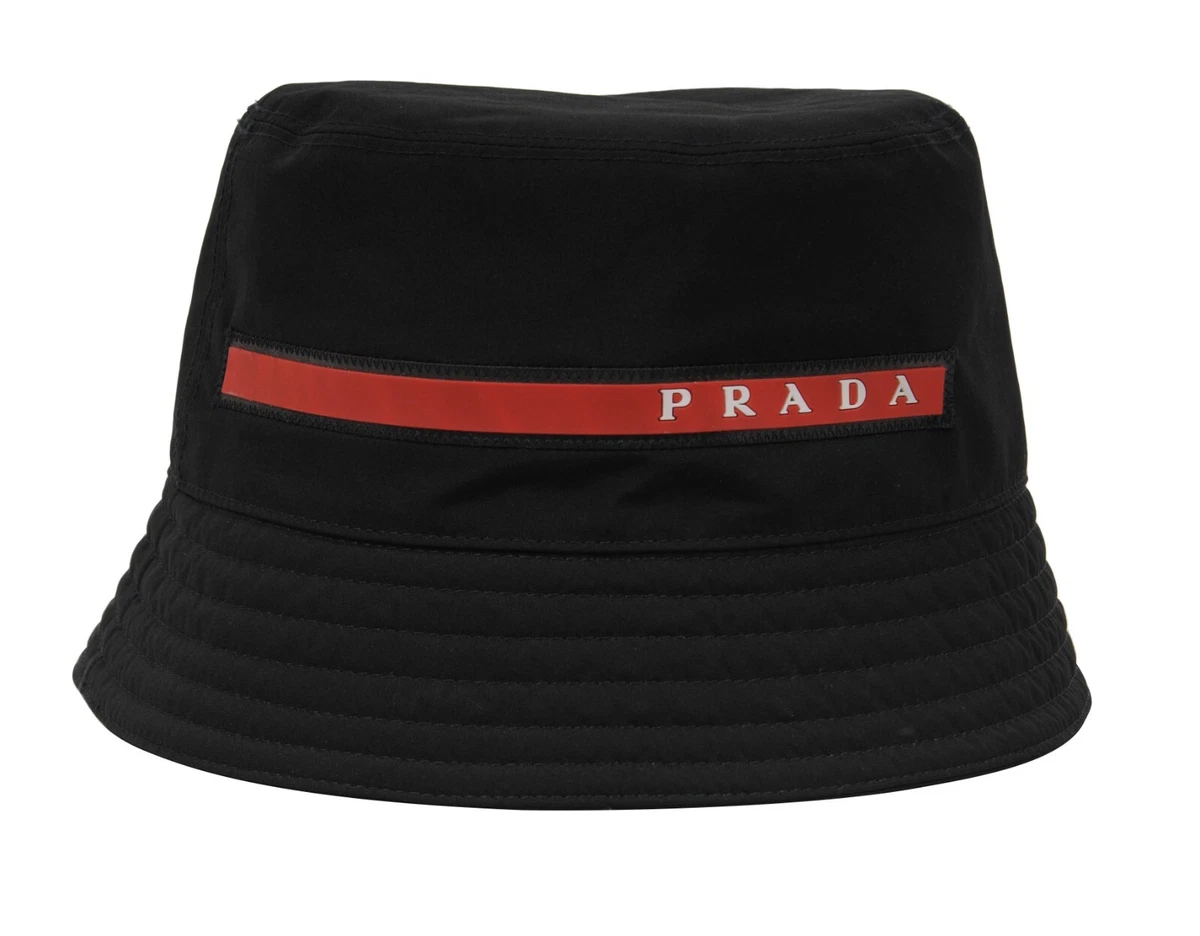 Prada Mens Sport Bucket Hat Medium Black Nylon Red White Rubber Logo Stripe Cap