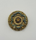 Vintage Sphinx Signed Brooch | Gold Tone Turquoise & Rhinestone Round Pin