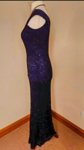 Quiz Navy Blue Lace Sequin Long Evening Dress 12 Off Shouder V-bar Cruise Formal - Picture 3 of 15