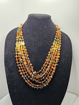 Vintage Multi Strand Baltic Amber Turquoise Chip Beaded Necklace Hand Knotted