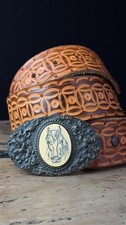 Vintage 1970s brown tooled leather belt brass horse buckle etched floral boho