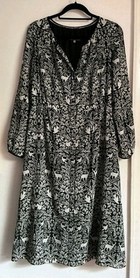 Laura Ashley Black Forest Print Deer Birds Dress Uk 12 Midi