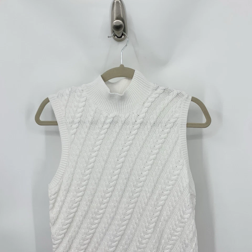 Talbots Women Size Large Petite LP Sweater Tank Top Mock Neck White Cable Knit - Image 2 of 4