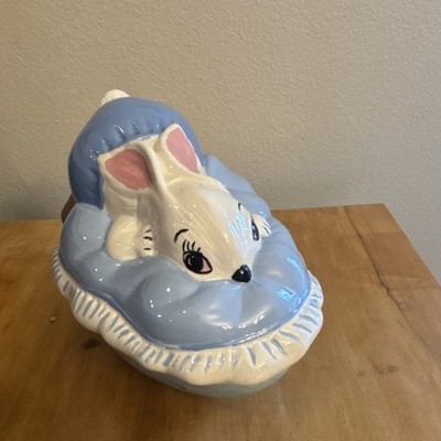 Ceramic Rabbit Oval Trinket Box Blue White Glazed Animal Theme with Lid