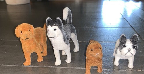 i5 4 MINIATURE FLOCKED DOGS FIGURINE DOLLHOUSE TOYS HUSKY GOLDEN FRENCHIE WEINER - Picture 6 of 17
