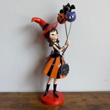 New Bella Lux Witch Girl Holding Balloons Figurine Halloween Orange Bat Pumpkin