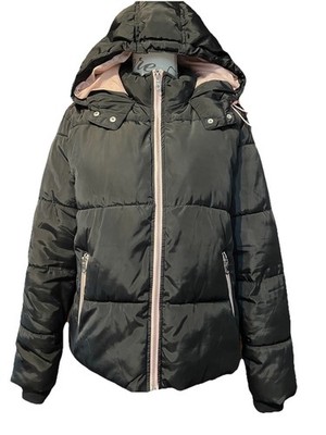 New Look UK 12 schwarze gefütterte Steppjacke mit Kapuze/rosa Reißverschluss