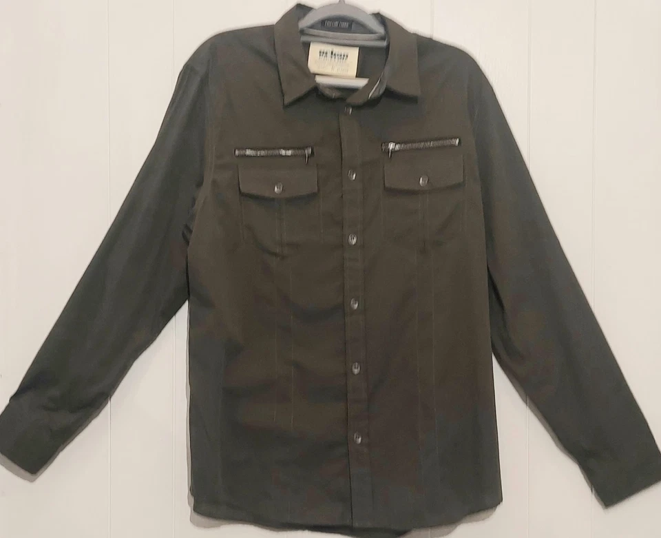 Camisa Urban Pipeline Para Hombre XL Manga Larga Con Botones Verde Ejército Imitación Cremallera, Bolsillos Foto 2 de 4