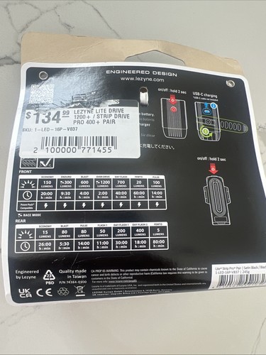 Lezyne Lite Drive 1200+/ Strip Drive Pro 400+ Light Set - Black 1-LED-16P-V837 - Picture 2 of 2