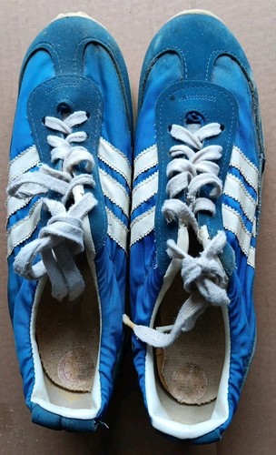 VINTAGE ADIDAS Track Running Shoes Size 8 Made In USA Blue White Stripes