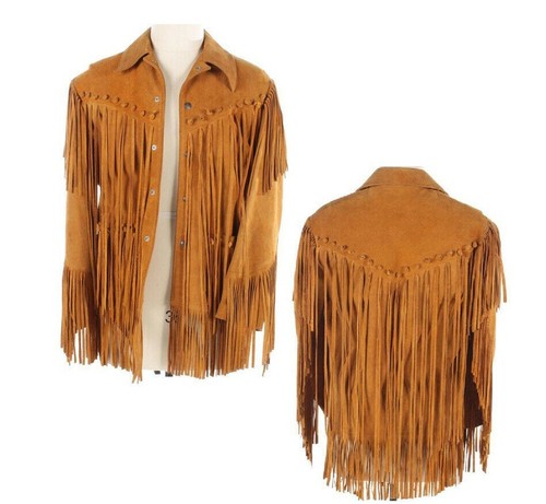 Men Real Beige Suede Leather Jacket Native American Fringes Cowboy Coat - Picture 3 of 6