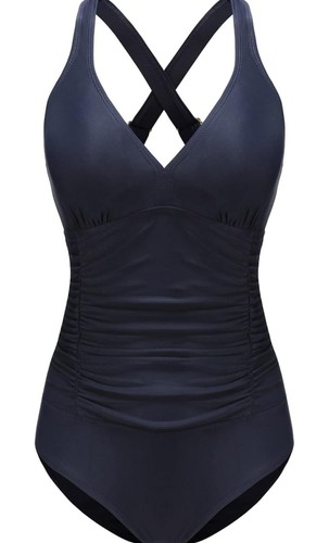Swimming Costume Ruched Tummy Control V Neck One Piece Swimsuit Size UK 22-24
