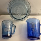 Juego de 3 cuencos, tazas y platillos Shirley Temple azul cobalto de la década de 1930 vintage
