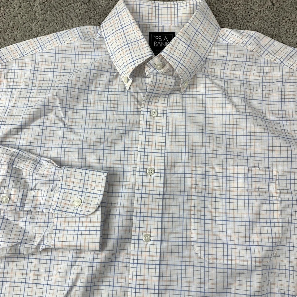 Camisa con botones Jos A Bank Traveler para hombre 16 33 blanca azul naranja a cuadros Foto 2 de 4