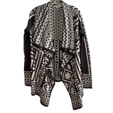 TOPIN Womens Geometric Aztec Print Waterfall Cardigan Sweater Black White M