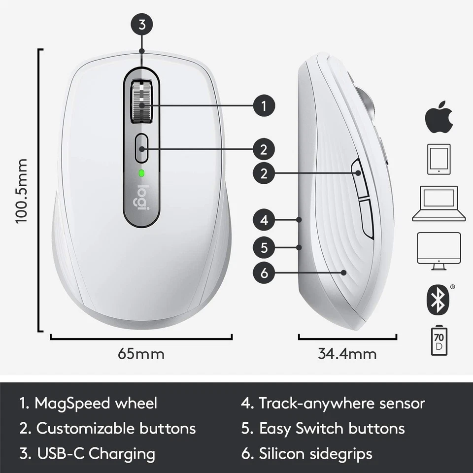 Logitech MX Anywhere 3 Wireless Mouse for Mac -White - Image 3 of 4