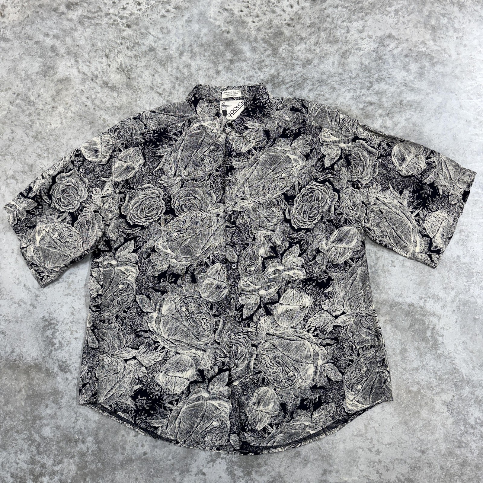 Vintage Goouch Shirt Mens Large Black White Floral Rayon Button Front 90s