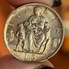 RENGO D'ITALIA 5 LIRE 1936 ARGENTO SILVER FIOR DI CONIO PATINA COLOR ORO PERIZIA