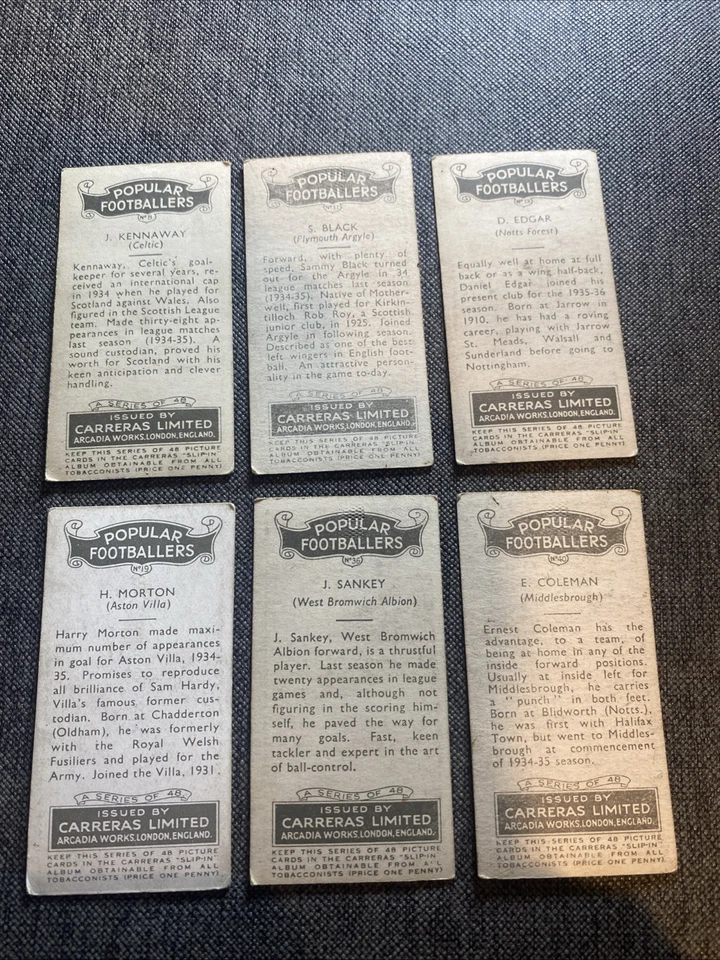 Popular Footballers Carreras Cigarette Cards 1936 x6 (8,11,13,19,36,40) - Image 2 of 2