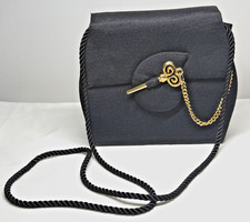 vtg 80s Black Moire Evening Silk Purse Gold Key  Chain Clasp Rope Strap 8  x 6  
